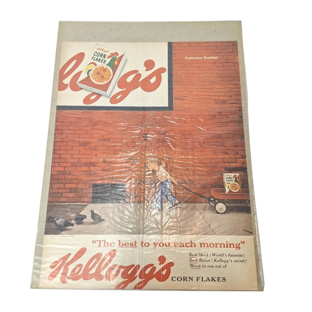 Vintage 1957 Kelloggs Corn Flakes Magazine Print Ad Boy with Wagon Pigeons 50s